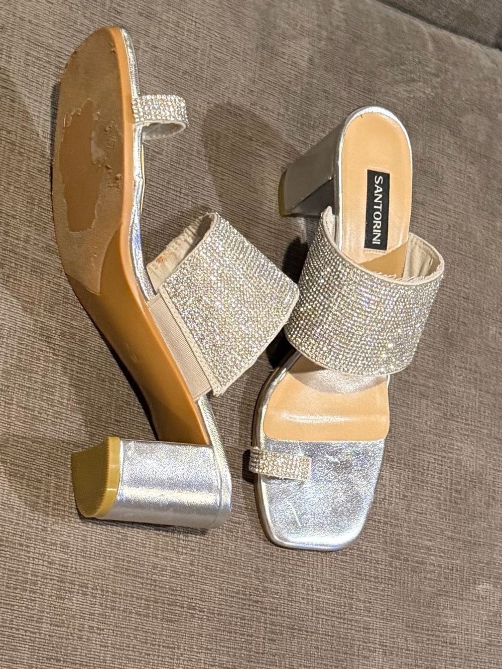 Santorini Silver Rhinestone Block Heel Sandals Square Toe Loop Mules Size 7